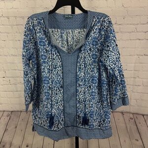 Fleur Bleve Blue and White Print Tunic Length Top Size Large